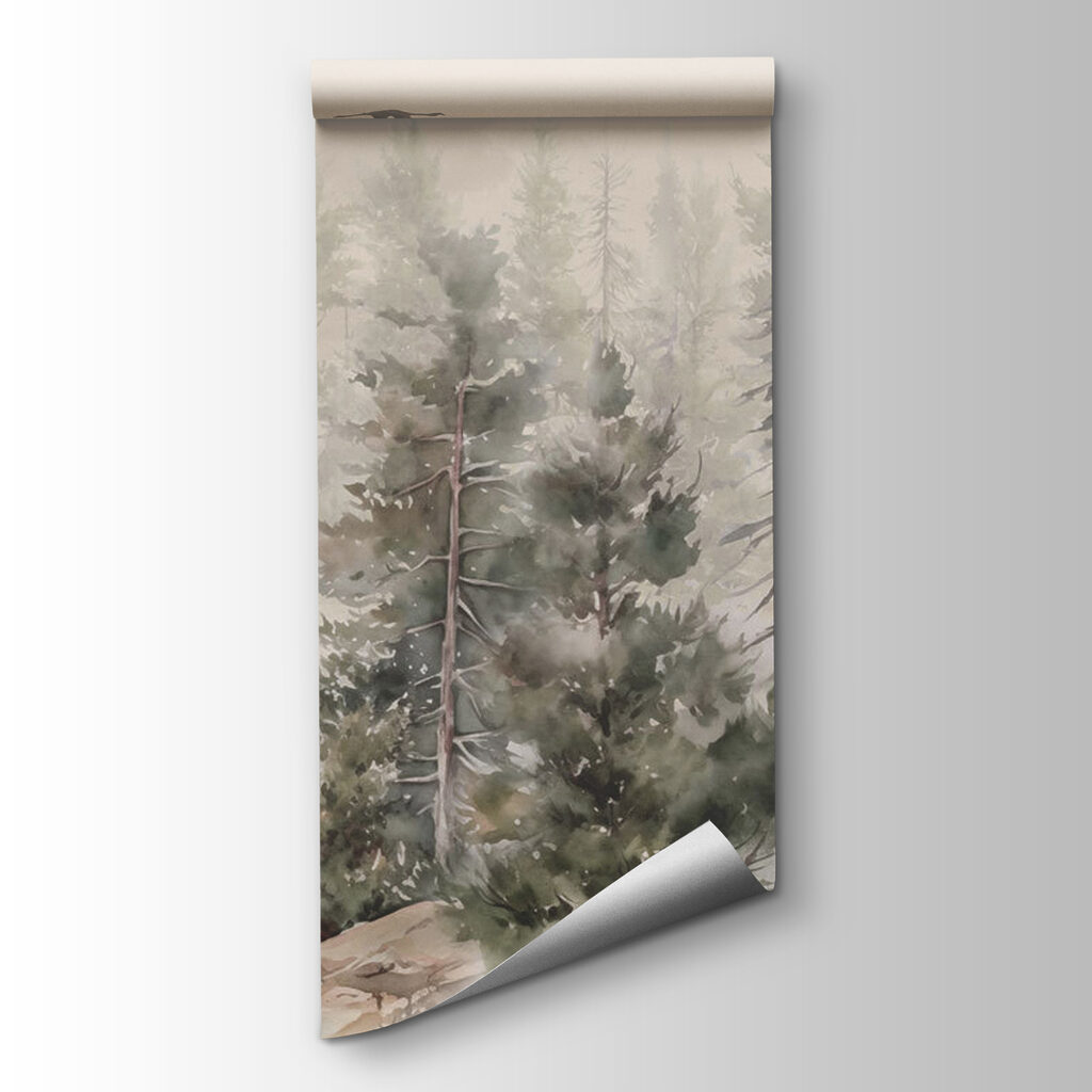 Watercolor of trees and birds flying over a foggy forest