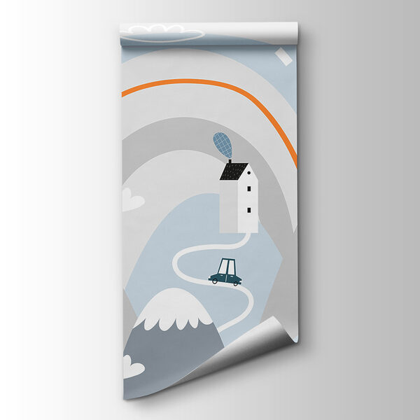 Cartoon of a road with houses and rainbow Cartoon of a road with houses and rainbow