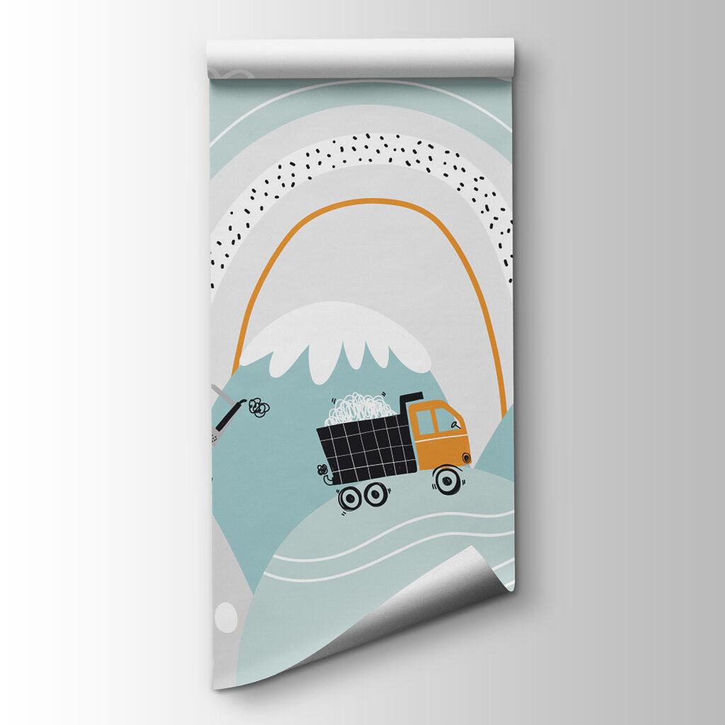 Cartoon of vehicles and a rainbow