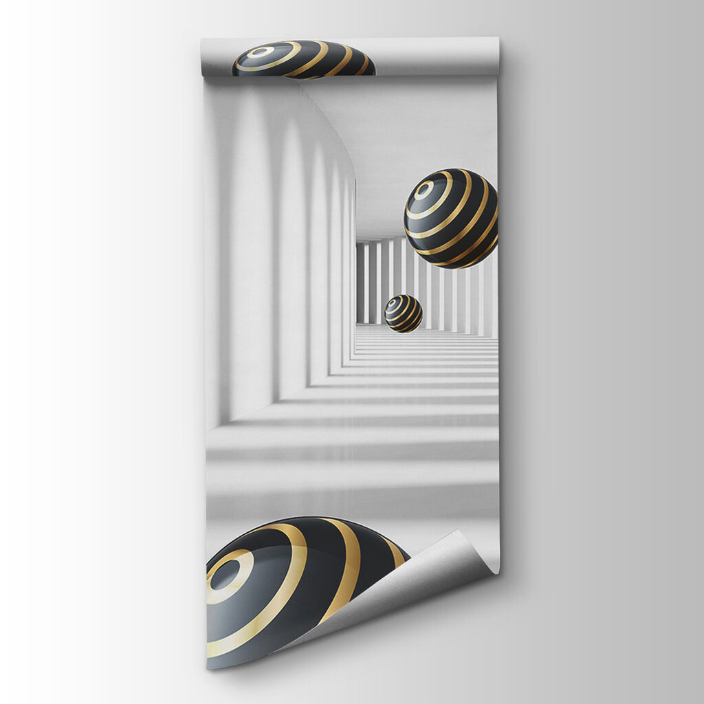 Striped spheres float in white corridor Striped spheres float in white corridor