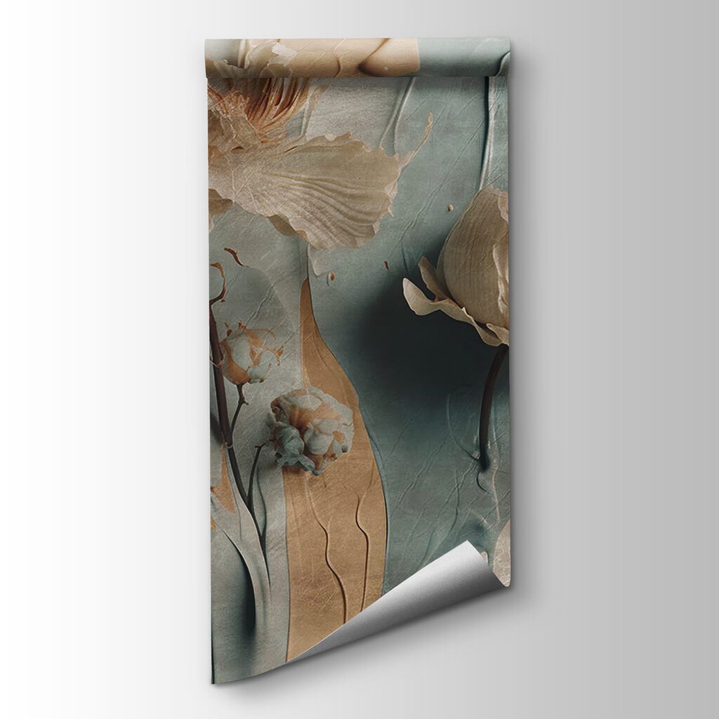 White flowers on a blue and white background