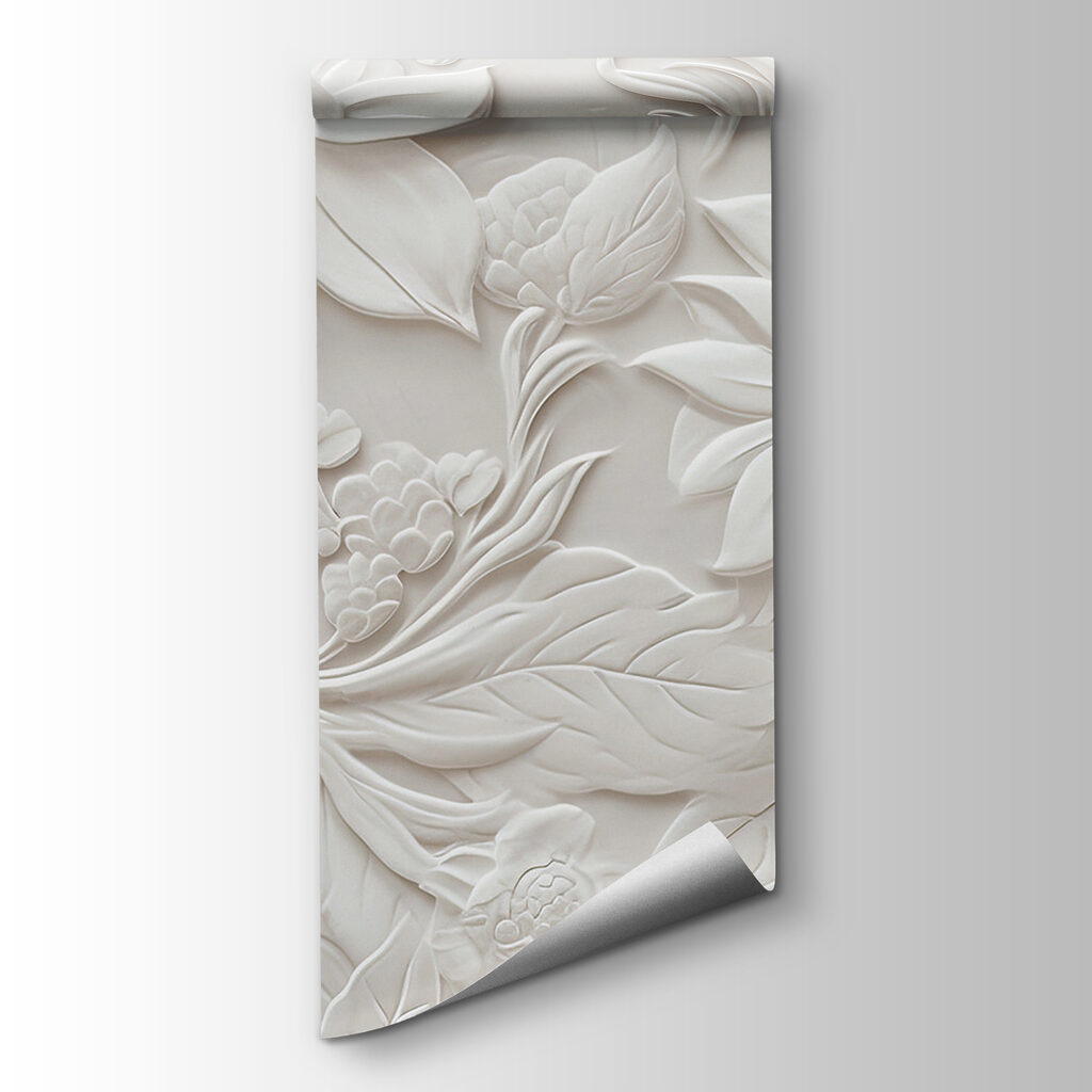 White wall with flowers and leaves