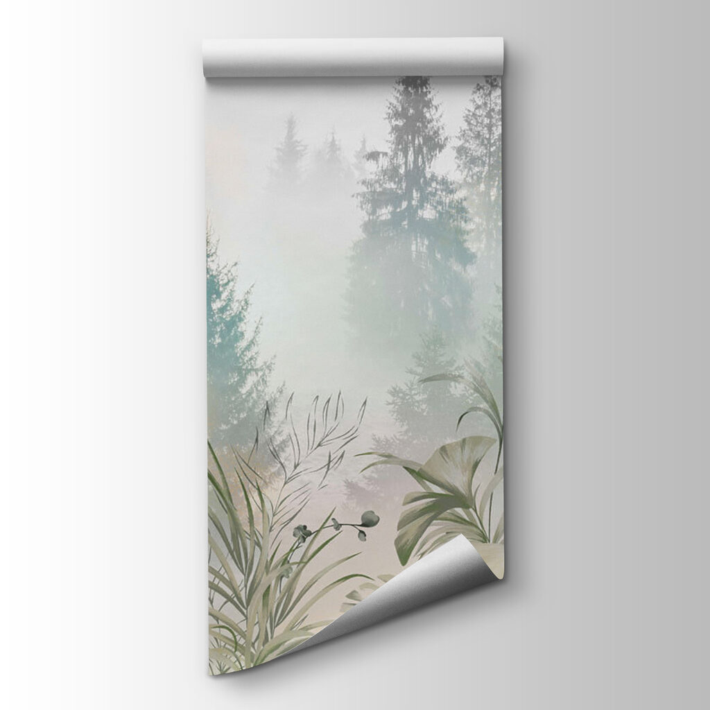 A foggy forest with plants and trees A foggy forest with plants and trees