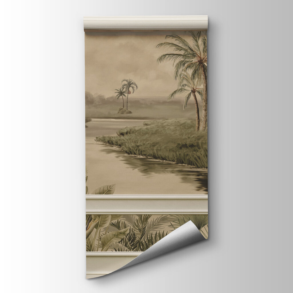 A wall with a painting of trees and a river A wall with a painting of trees and a river