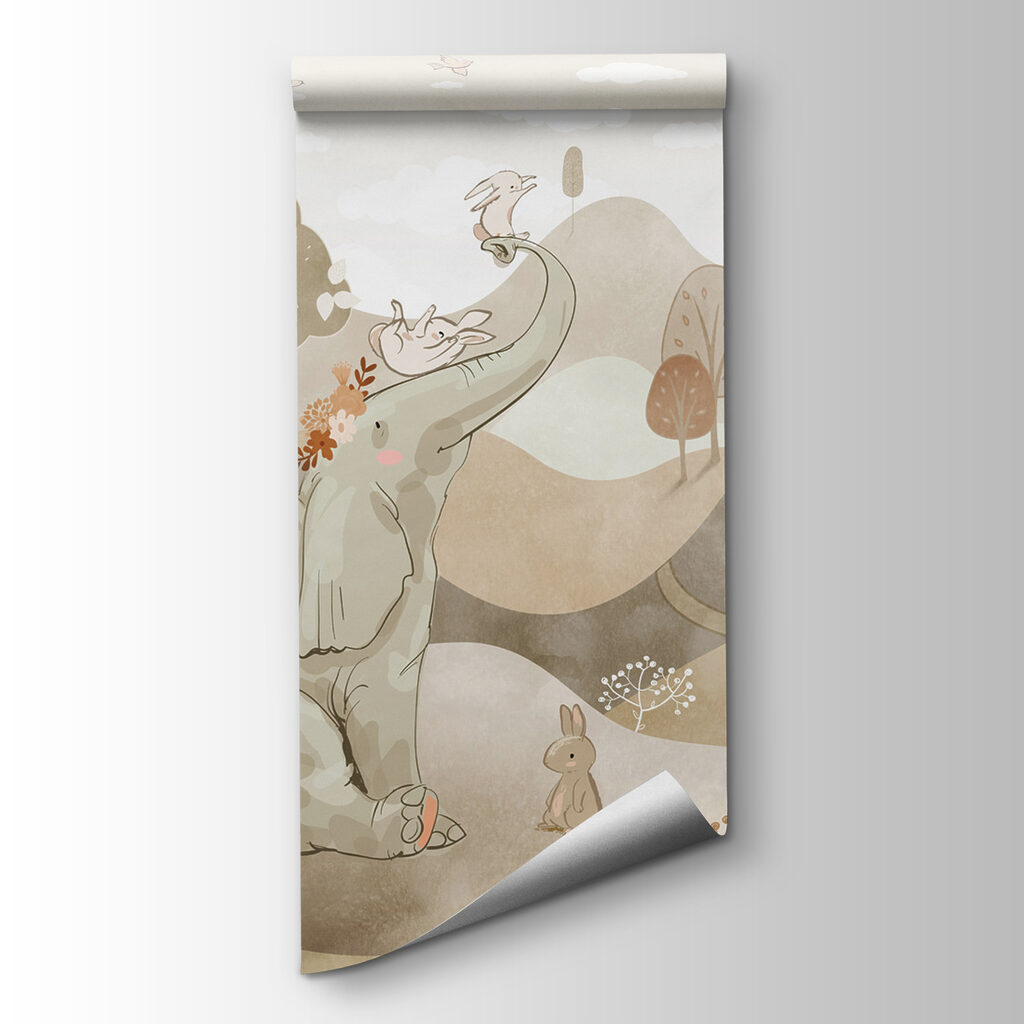 An elephant and rabbits in a landscape An elephant and rabbits in a landscape