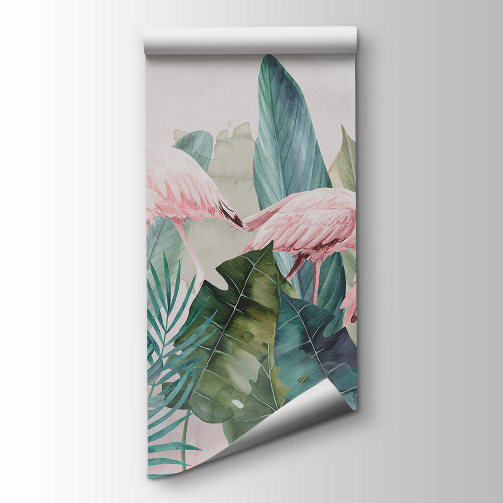 A group of pink flamingos and leaves