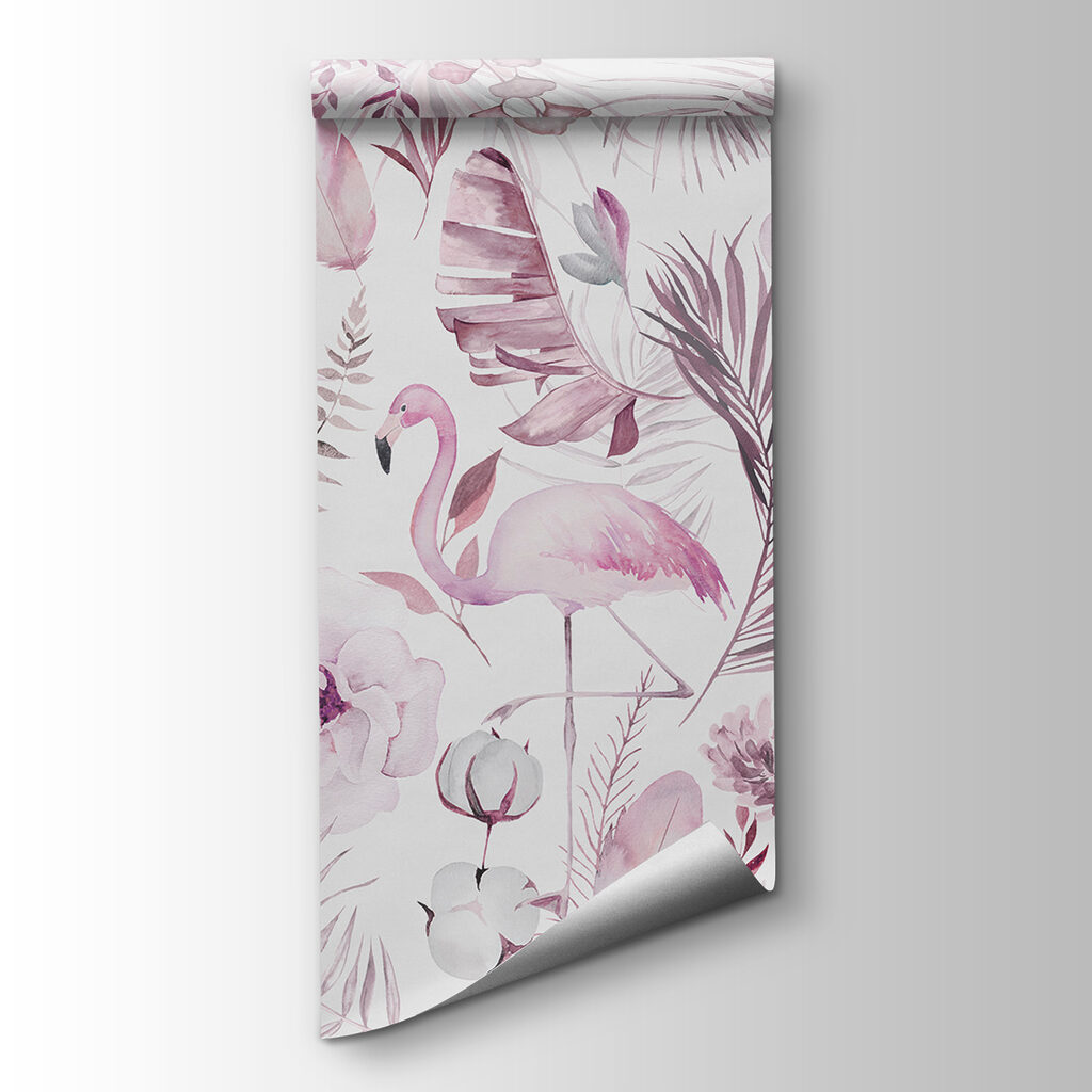 A pattern of flowers and flamingos