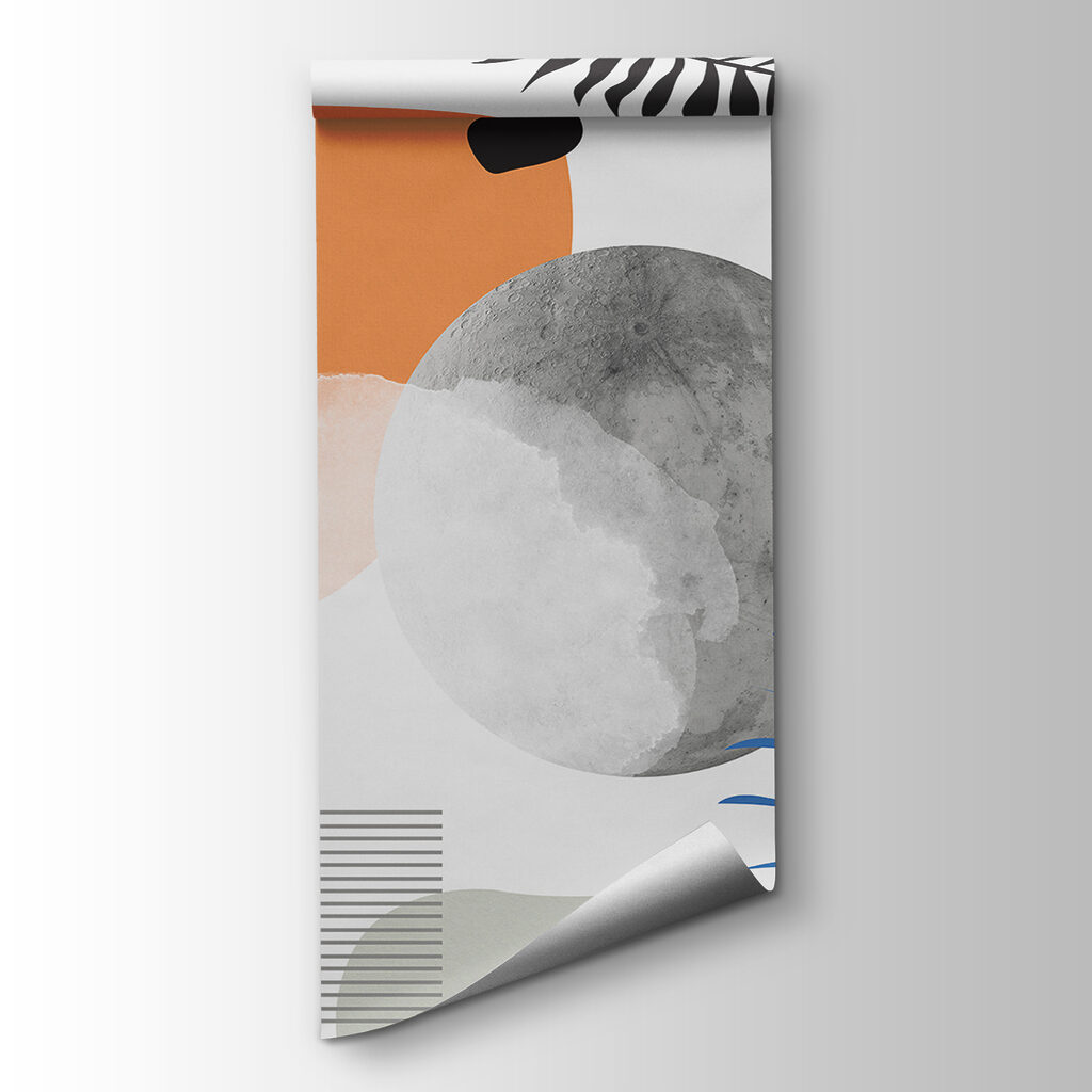 A colorful art with black and white circles and leaves