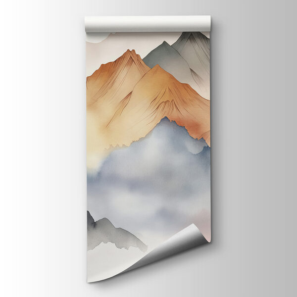 A painting of mountains in the fog