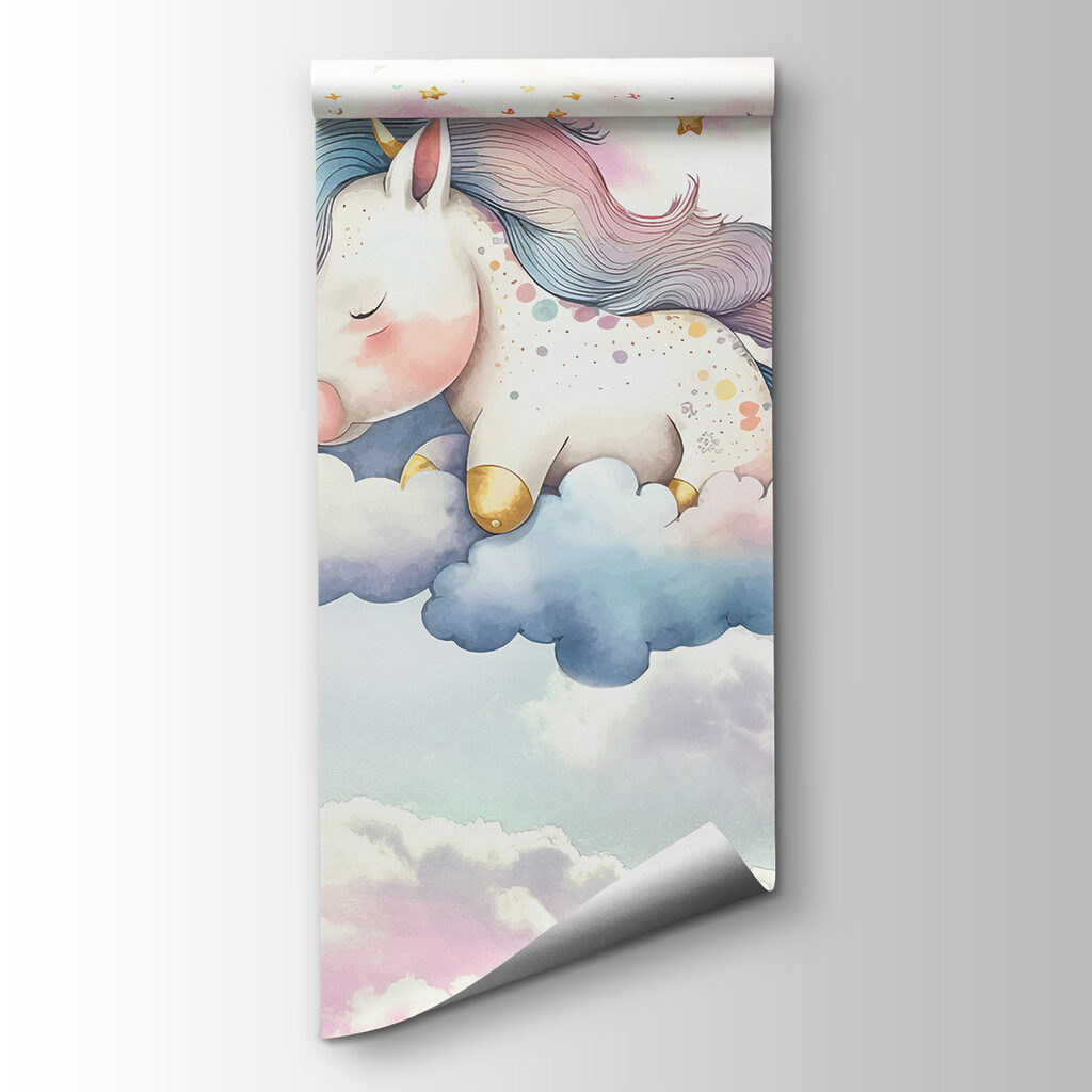A unicorn sleeping on clouds