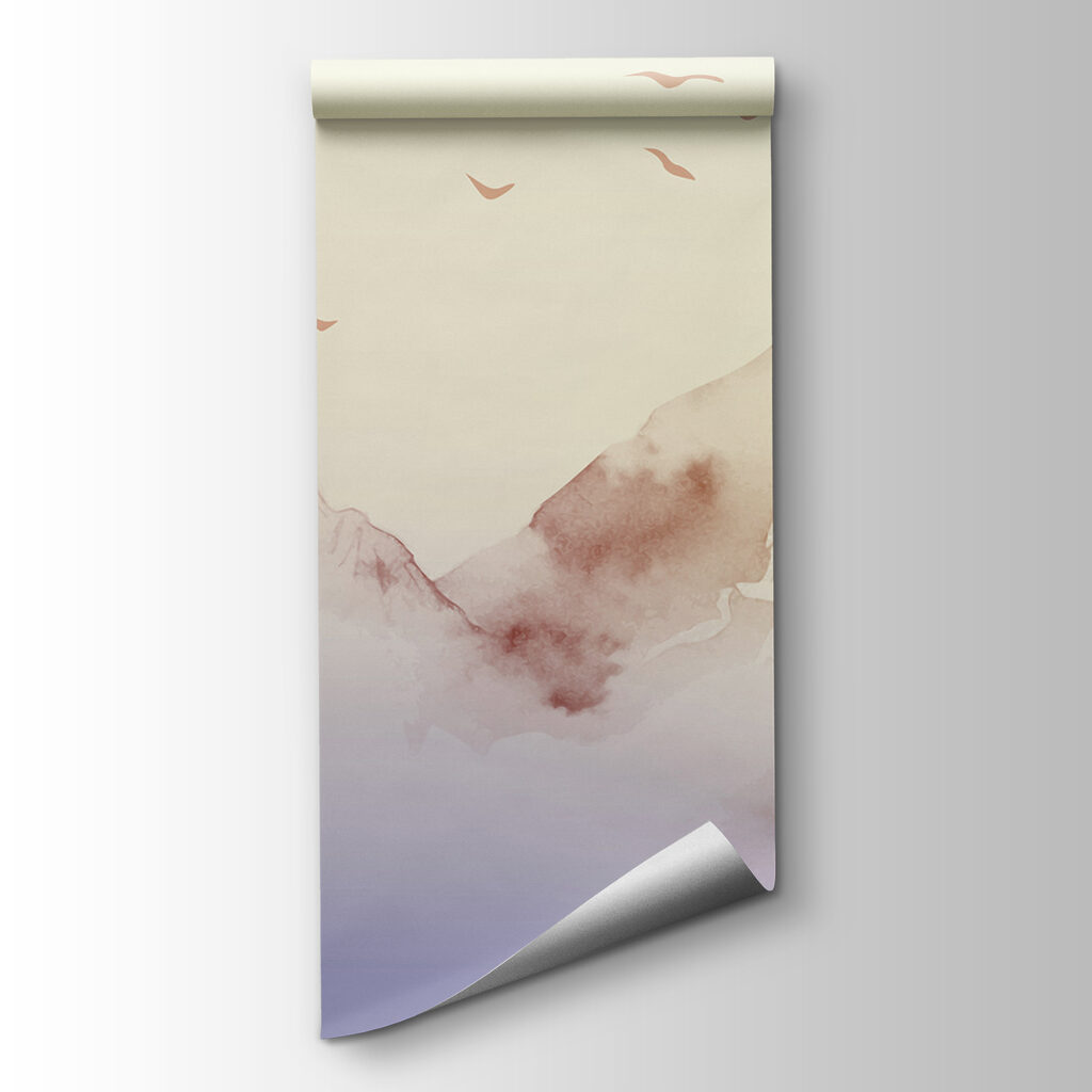 Painting of mountains and birds