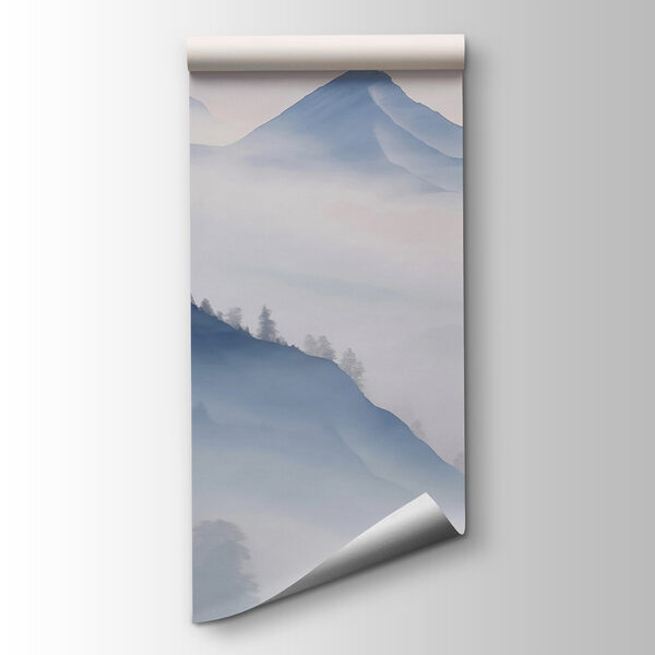 Mountain range with trees and fog