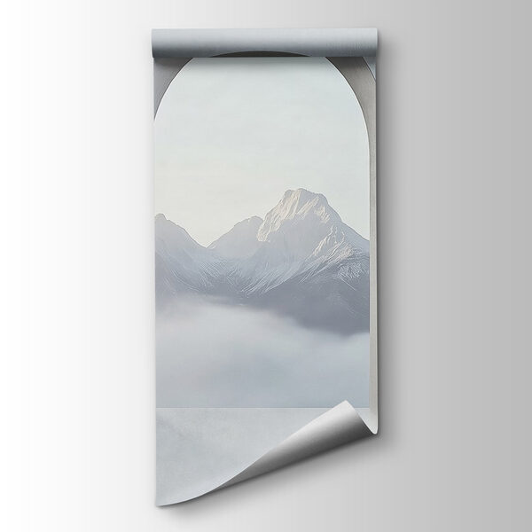 White room with arched windows and mountains in the background White room with arched windows and mountains in the background