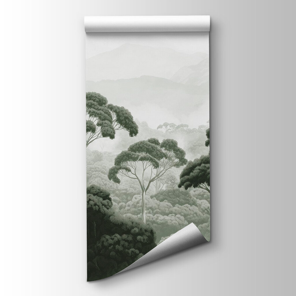 Forest with trees and mountains in the background