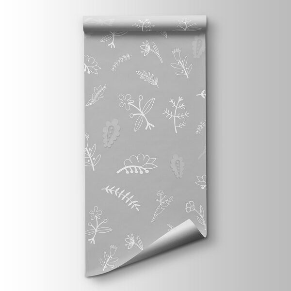 Grey background with white flowers and leaves