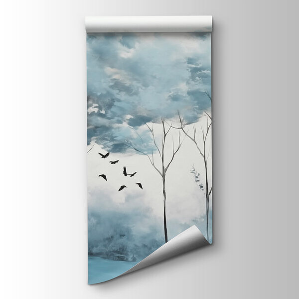 Group of trees with birds flying in the air