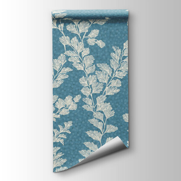 Pattern of white leaves on a blue background