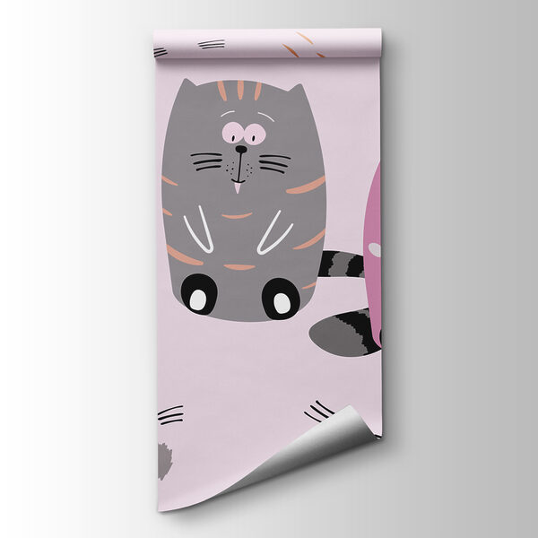 Group of cats sitting on a pink surface