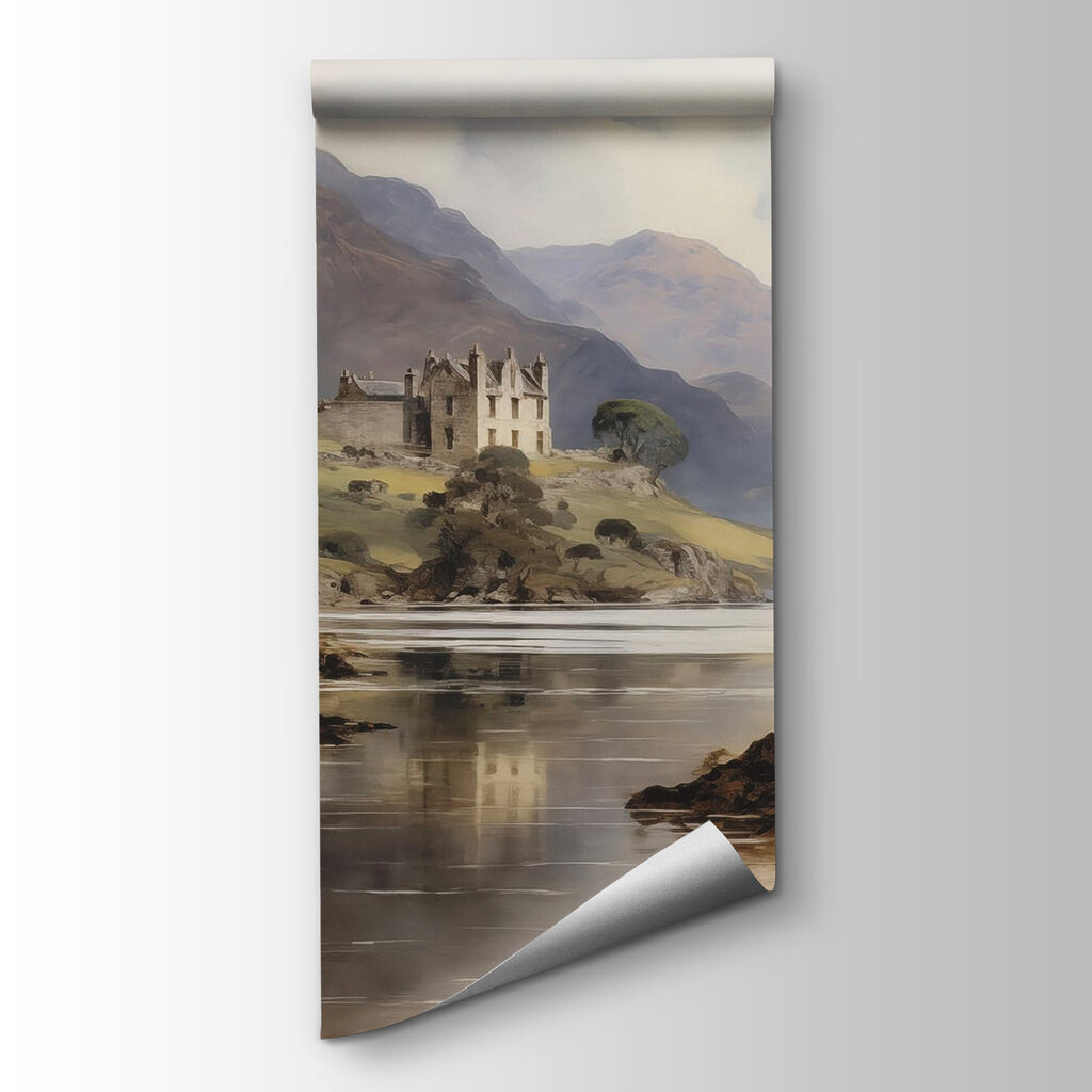 Watercolor painting of a castle on a hill with trees and mountains