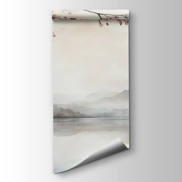 Watercolor painting of a lake with trees and mountains