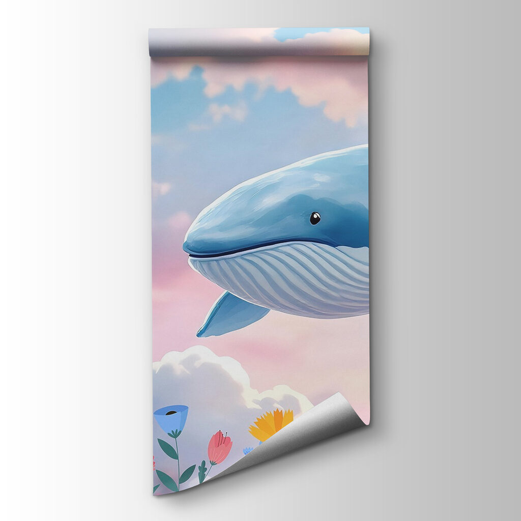 Whale flying over flowers
