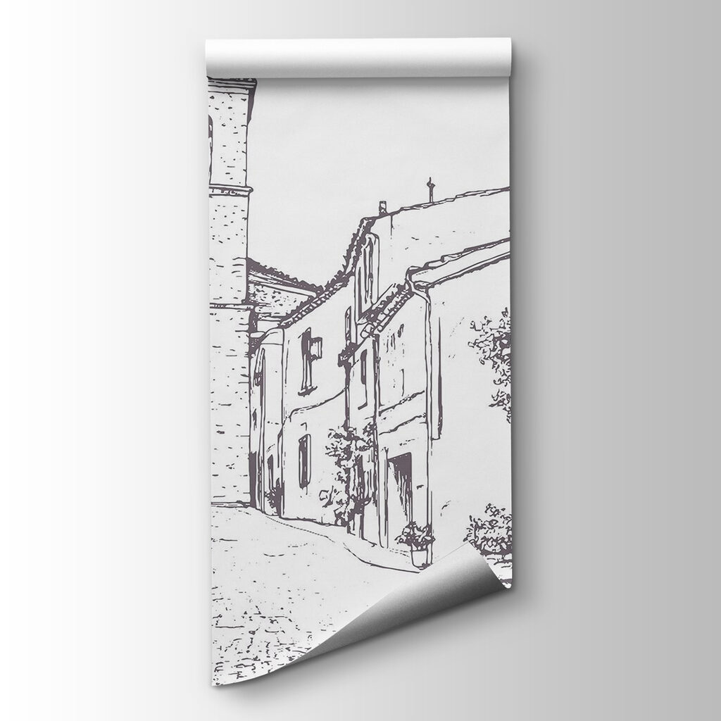 Drawing of a street with buildings and a bell tower Drawing of a street with buildings and a bell tower