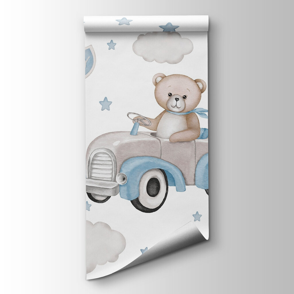 Teddy bear driving a car with balloons