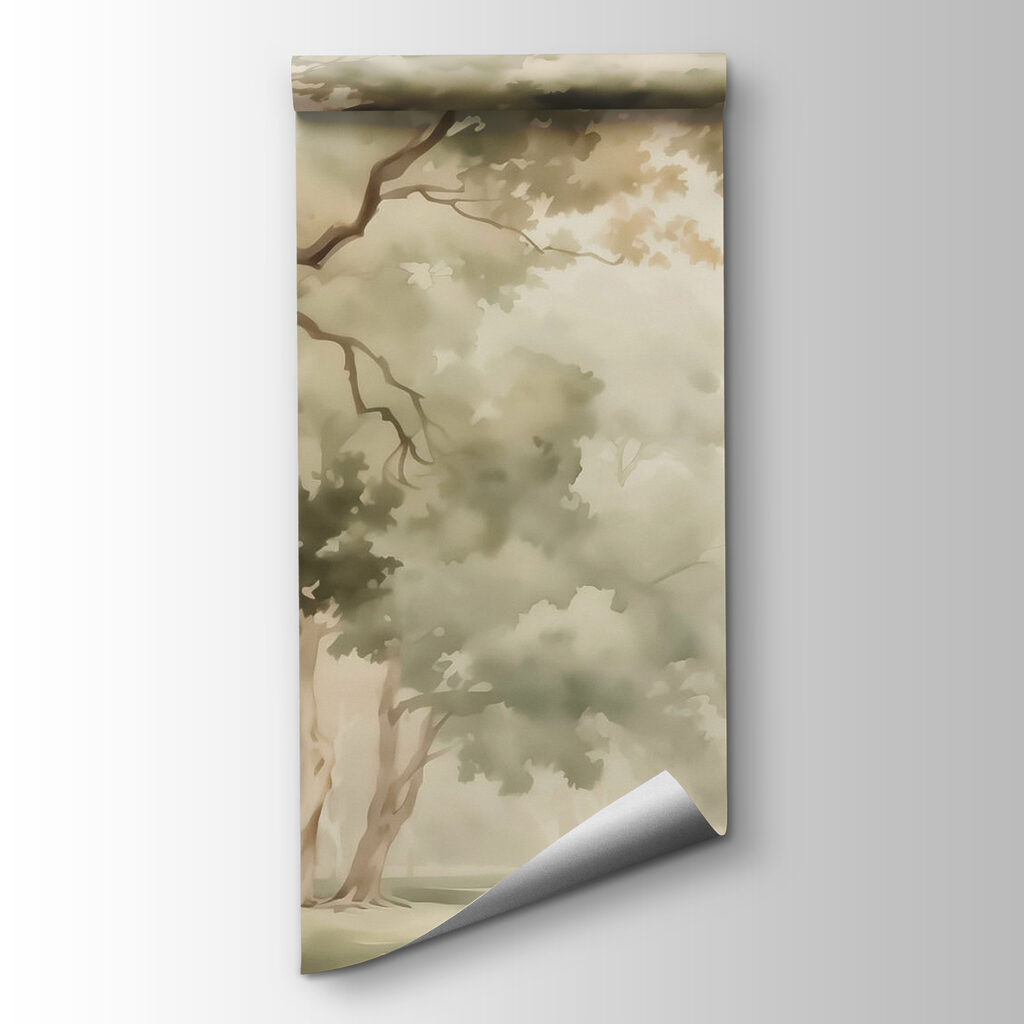 Watercolor painting of trees and a river