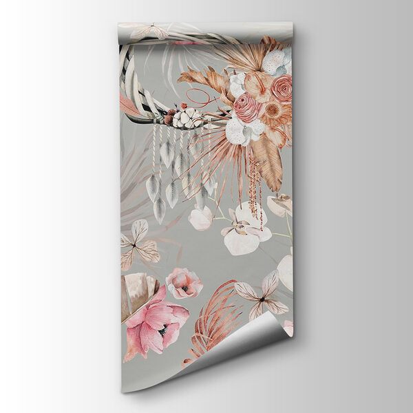 Wallpaper with flowers and feathers