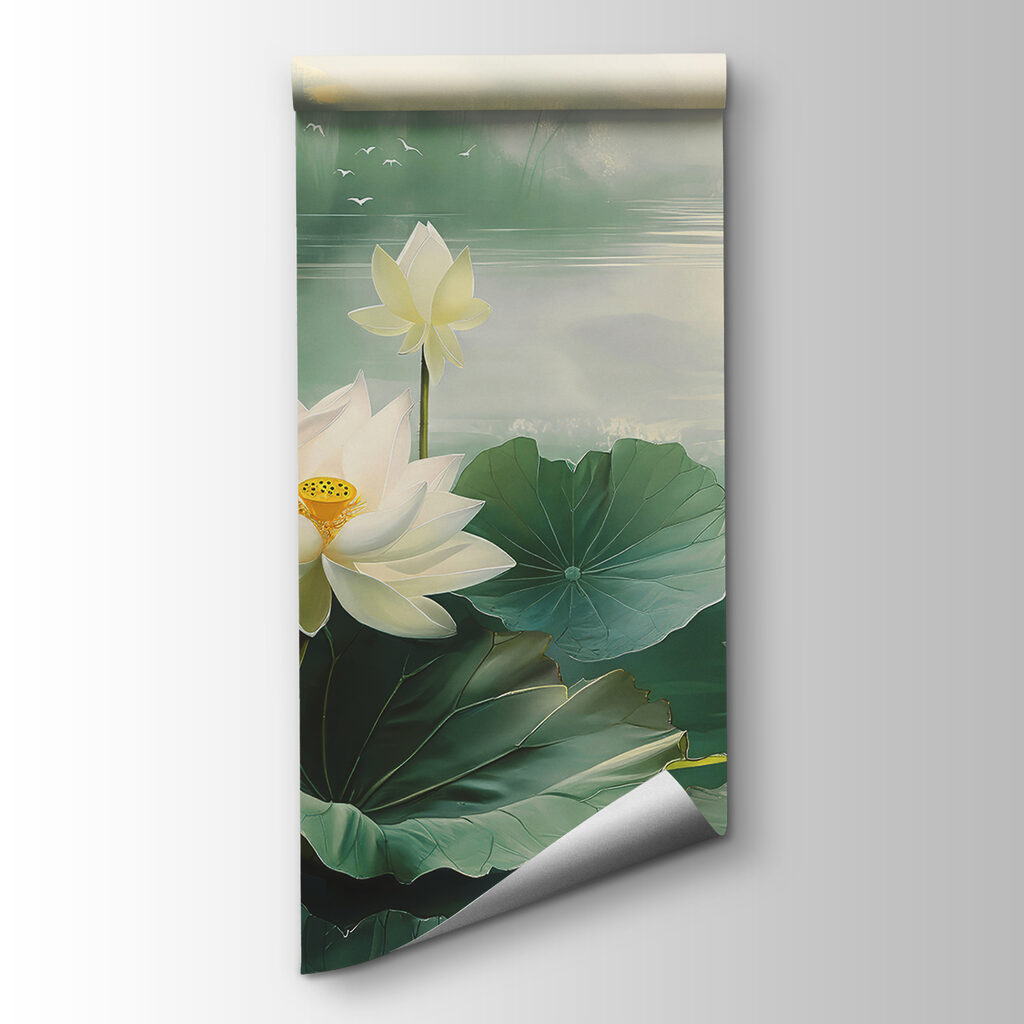 Painting of white flowers and leaves in a lake