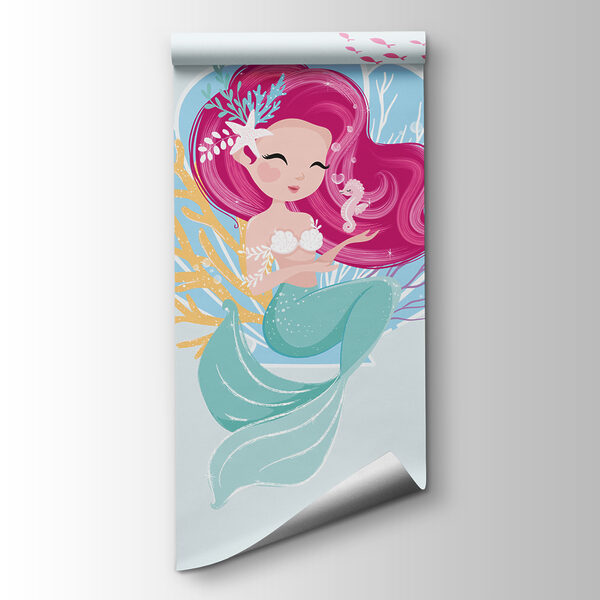 Cartoon mermaid with pink hair and a seahorse