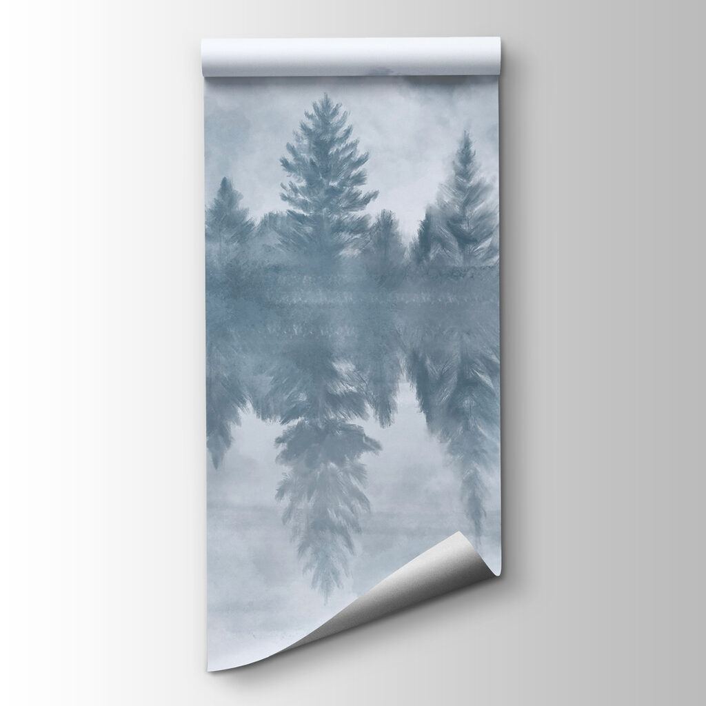 Foggy forest with trees reflected in water