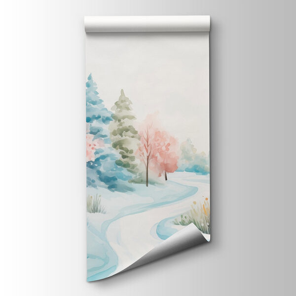 Watercolor painting of a snowy road with trees