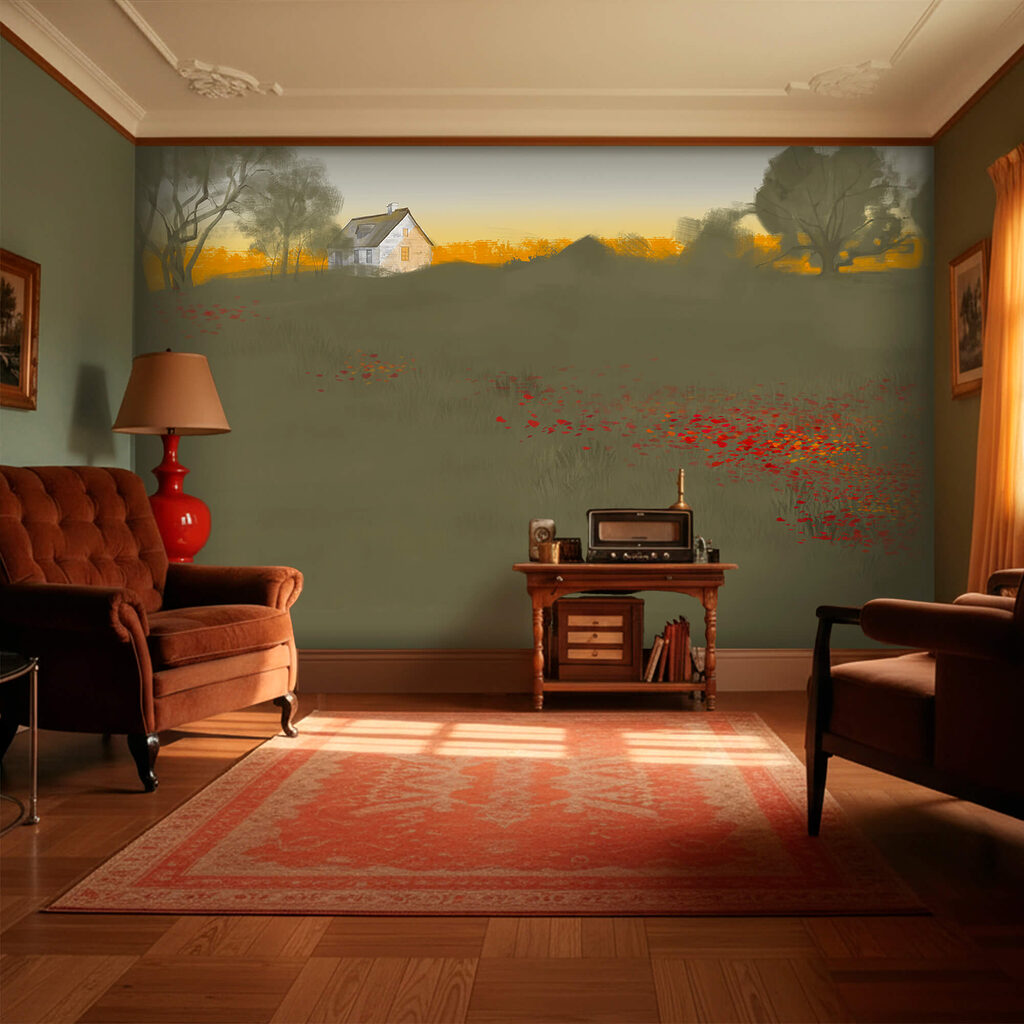 Поле червоних квітів з будинком на задньому плані