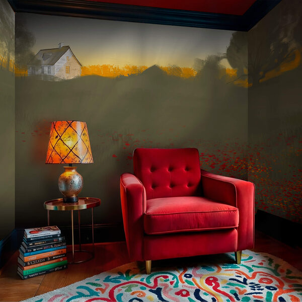 Поле червоних квітів з будинком на задньому плані