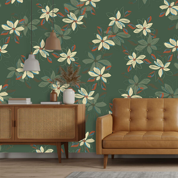 Візерунок з білих квітів і червоного листя на зеленому тлі