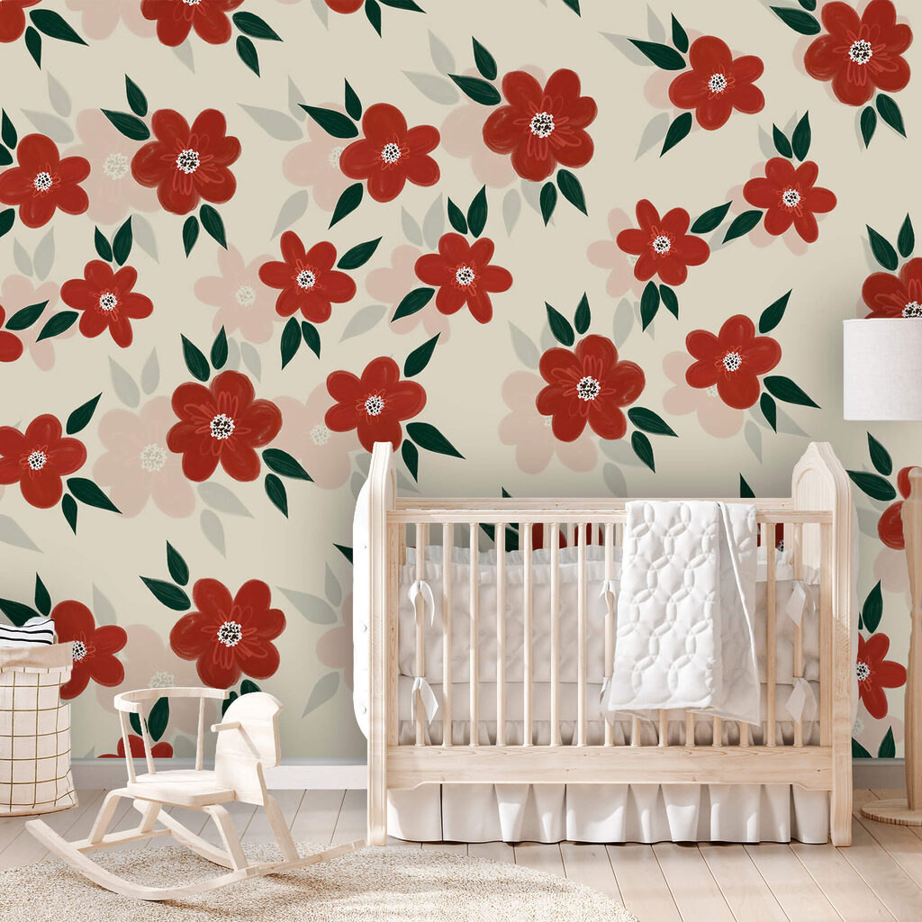 Візерунок з червоних квітів і зеленого листя