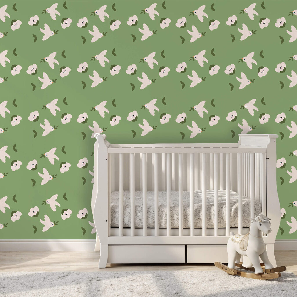 Візерунок з білих птахів і зеленого листя Візерунок з білих птахів і зеленого листя