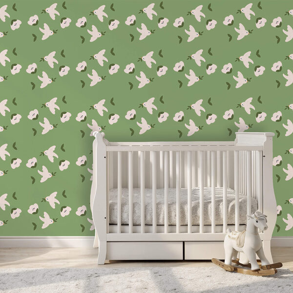 Візерунок з білих птахів і зеленого листя Візерунок з білих птахів і зеленого листя