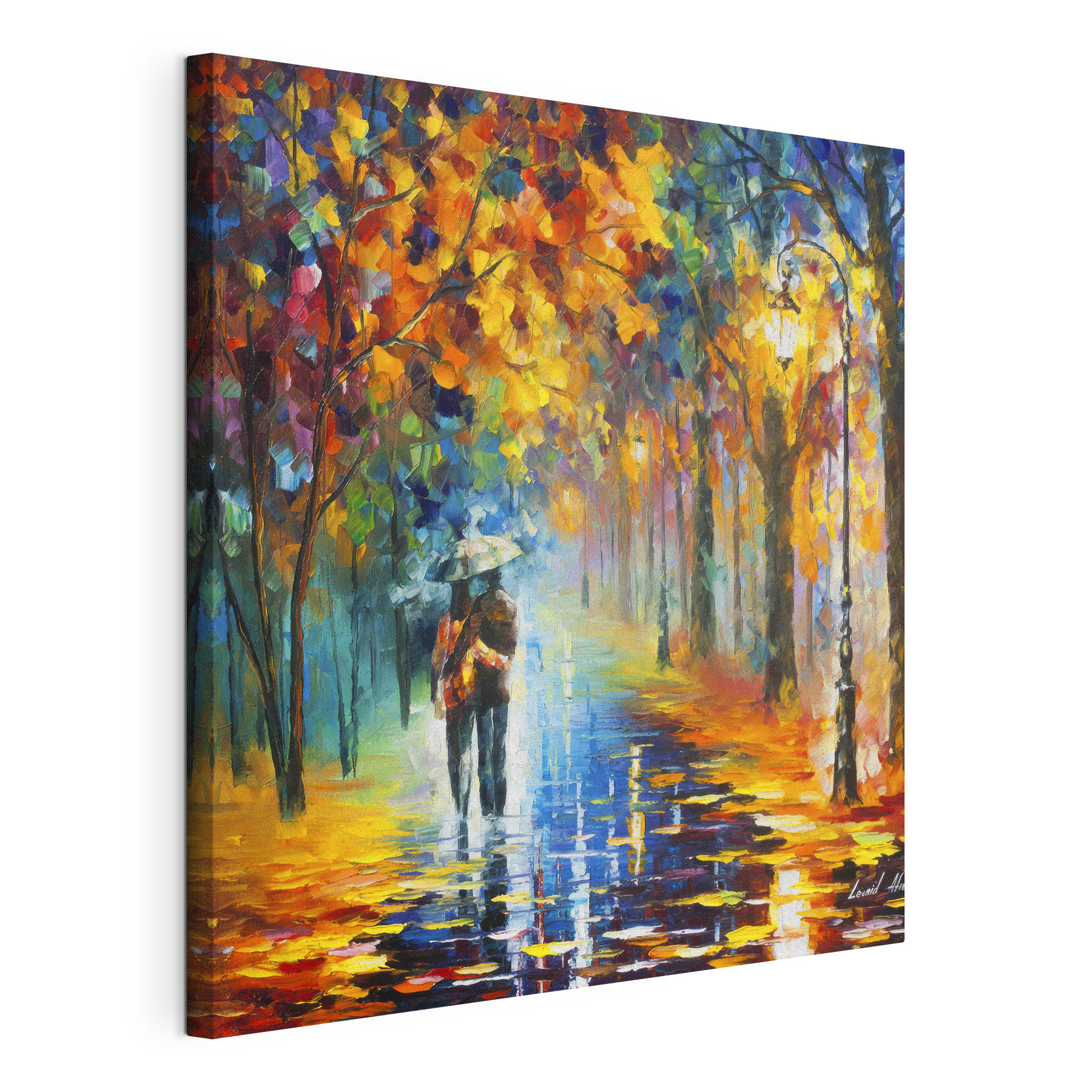 A painting of a couple walking in a park with trees and a lamp post