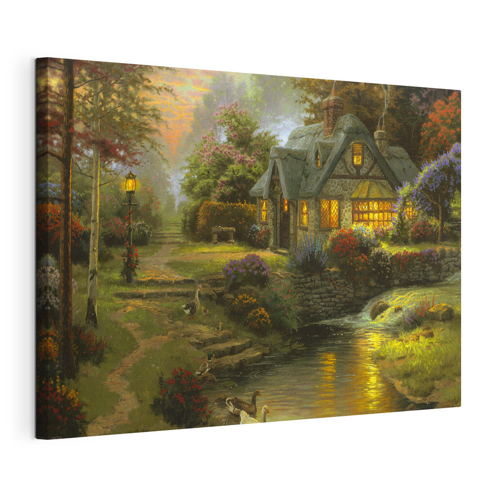 A painting of a cottage by a river A painting of a cottage by a river