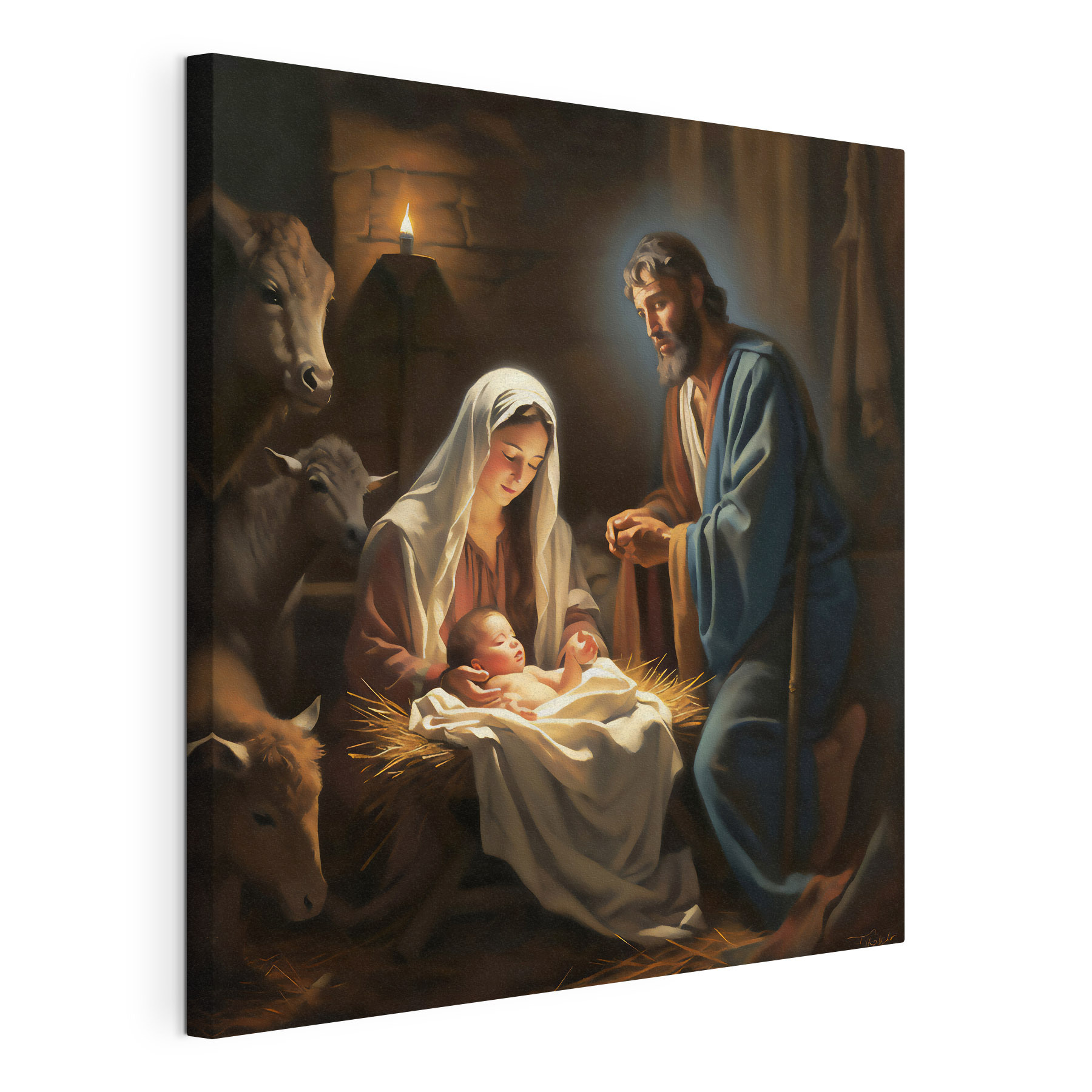 A painting of a man and woman in a manger with animals around A painting of a man and woman in a manger with animals around