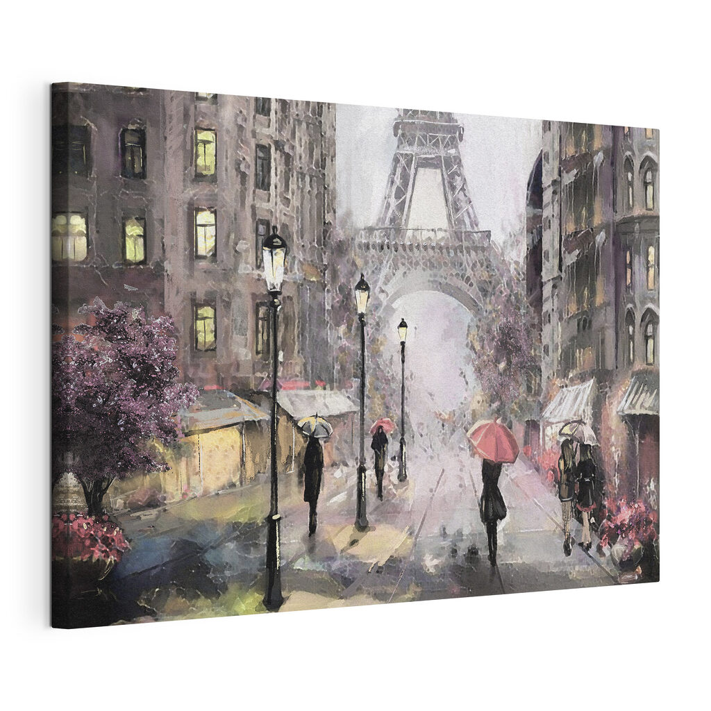 A painting of people walking with umbrellas in a city A painting of people walking with umbrellas in a city
