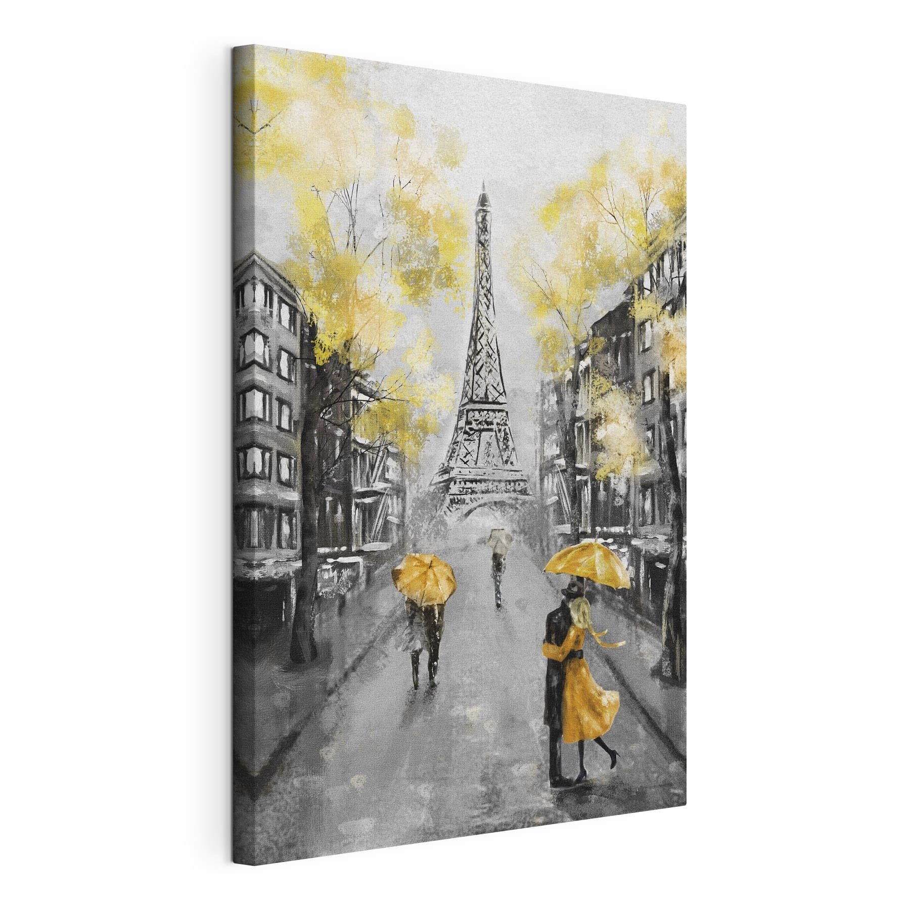 A painting of a street with people walking under an umbrella A painting of a street with people walking under an umbrella