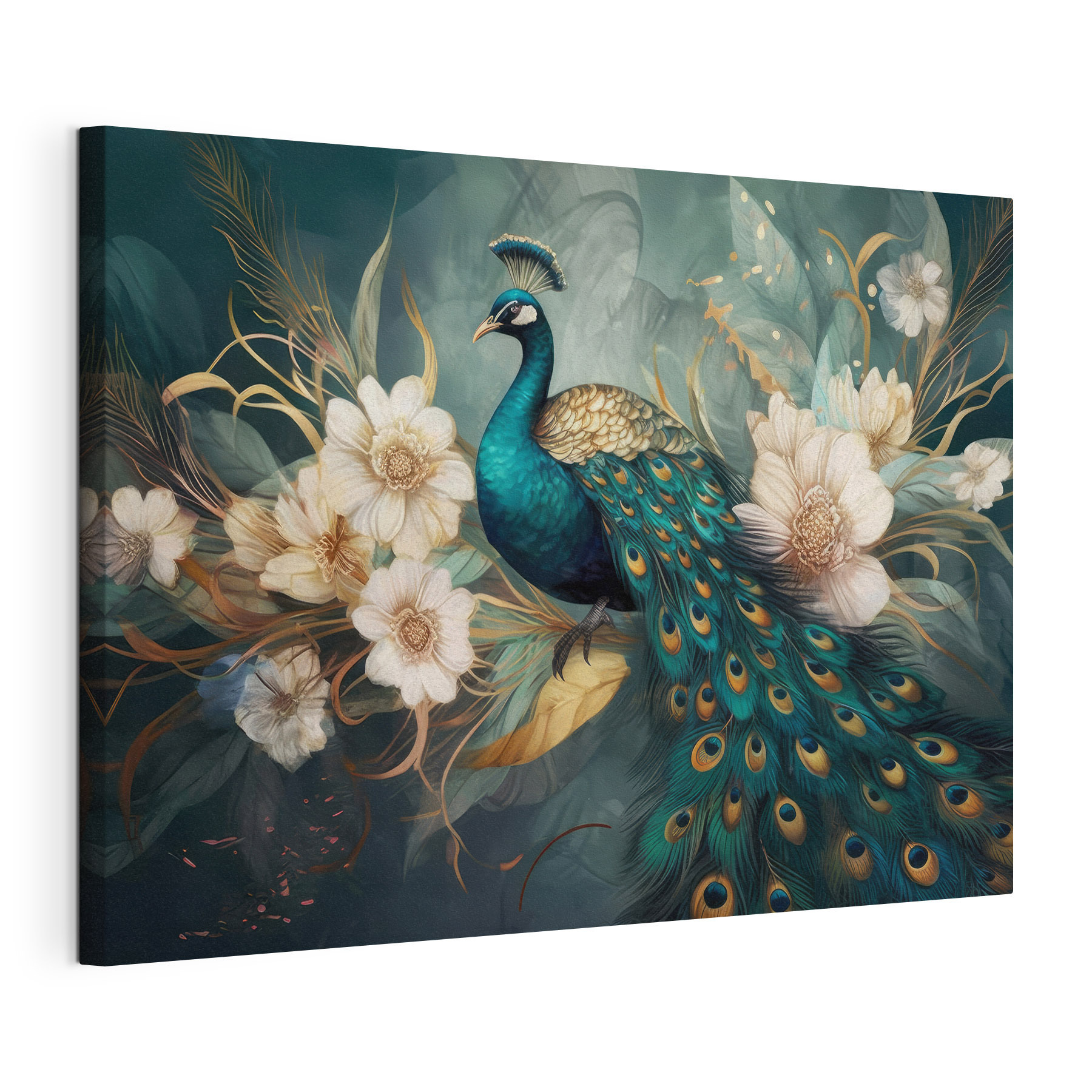 A peacock sitting on a branch with flowers A peacock sitting on a branch with flowers