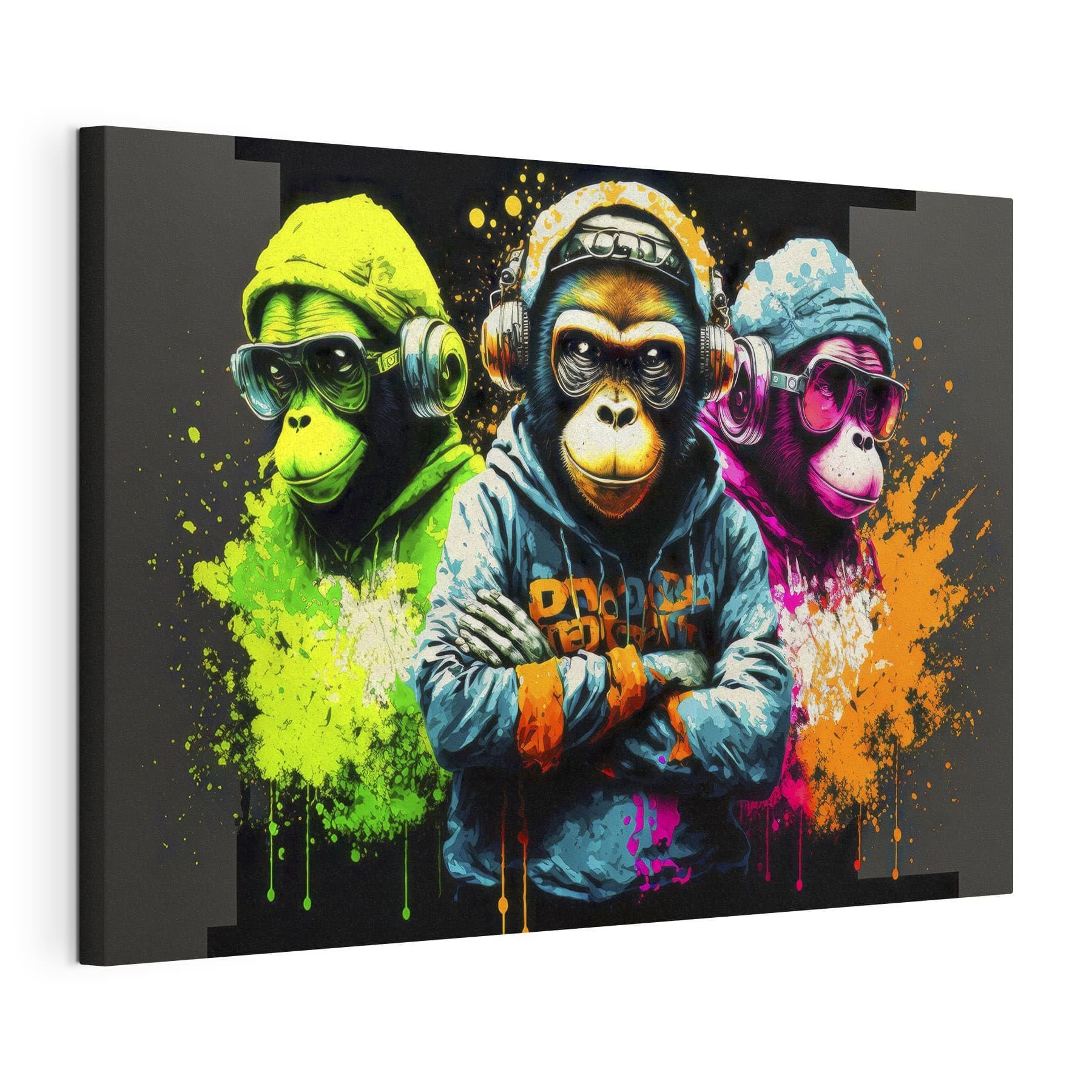 A group of monkeys wearing headphones and hoodies