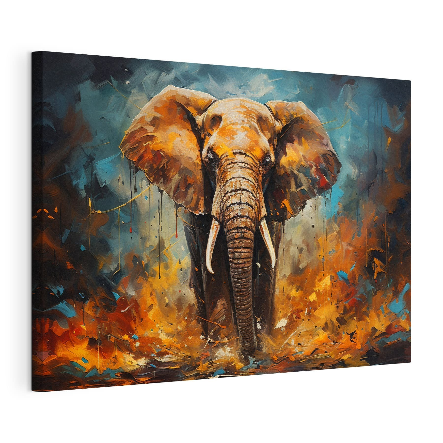 An elephant with tusks and dirt