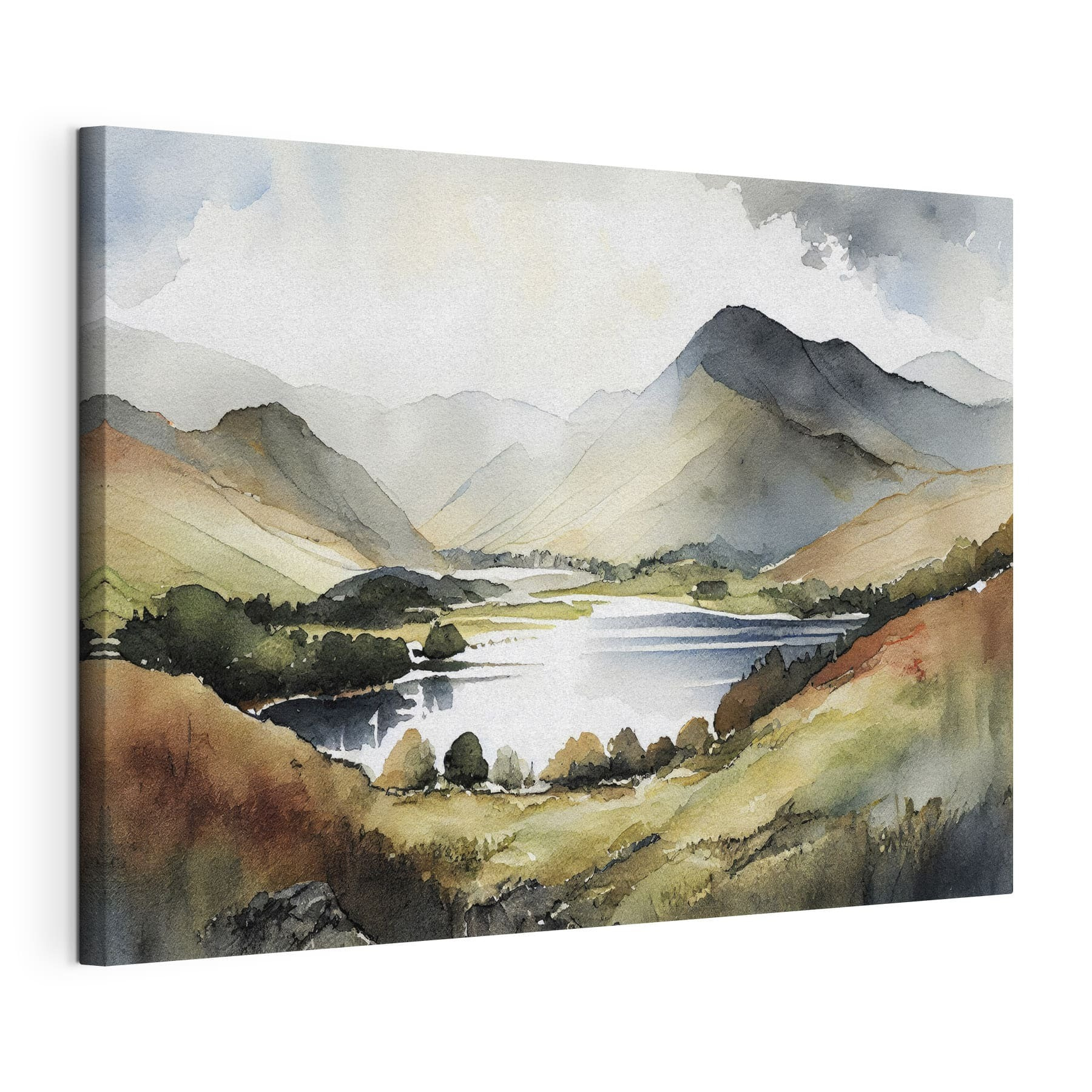 Watercolor of a lake surrounded by mountains