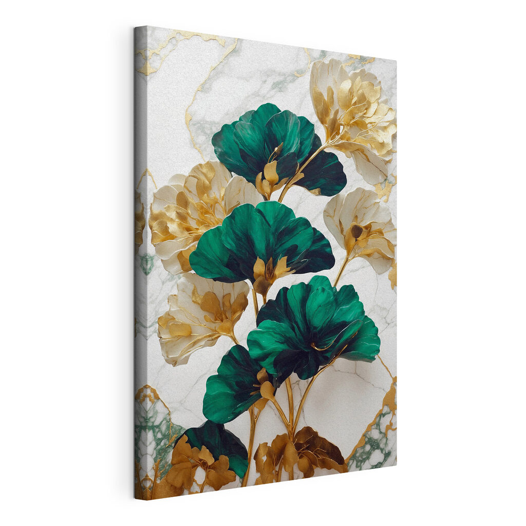 A green and white flowers on a marble surface A green and white flowers on a marble surface