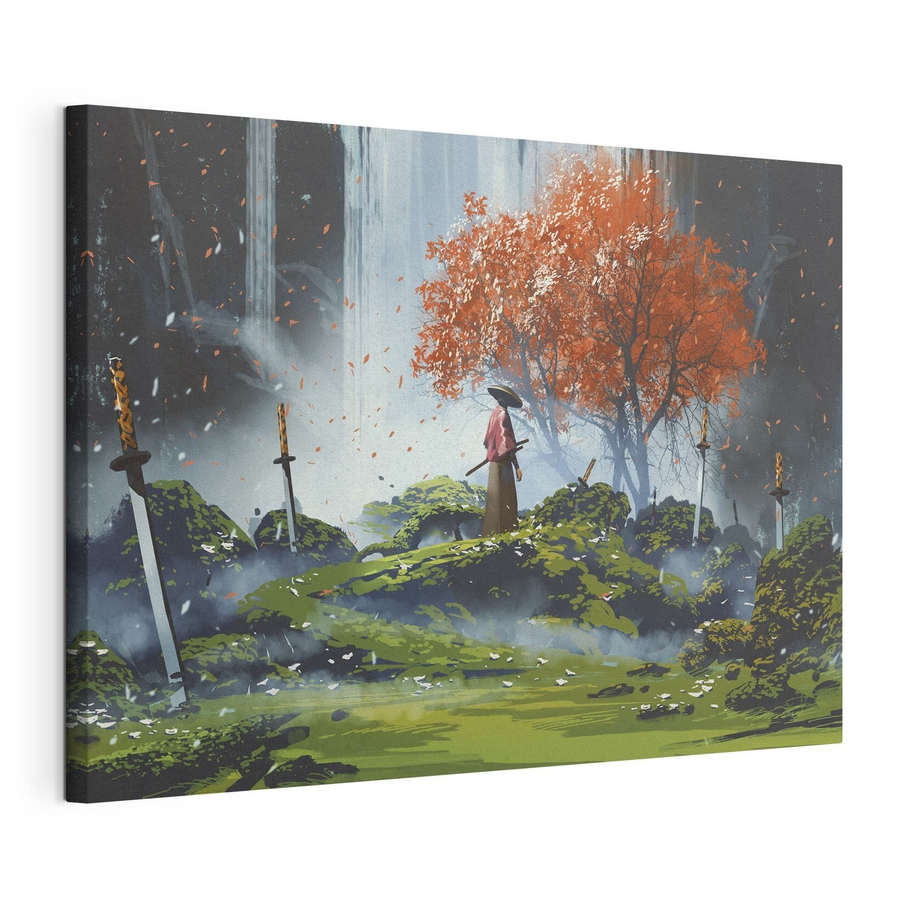 A person standing in a field with swords